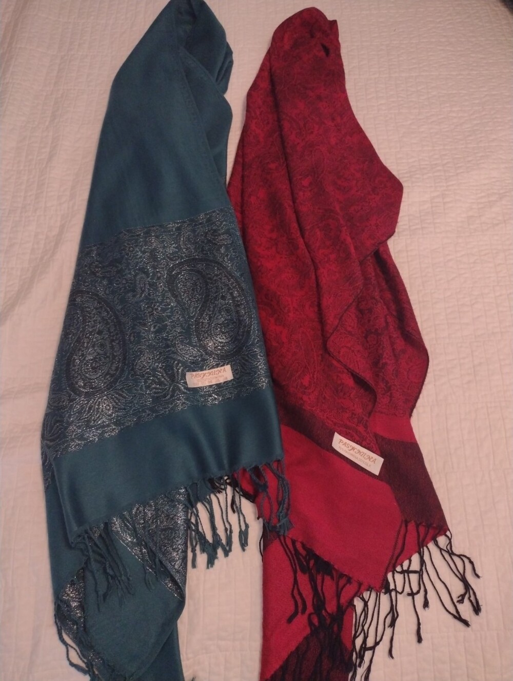 Lot of 2 Cashmere Pashmina & Silk Scarves Shawl Wrap Paisley Turquoise Red